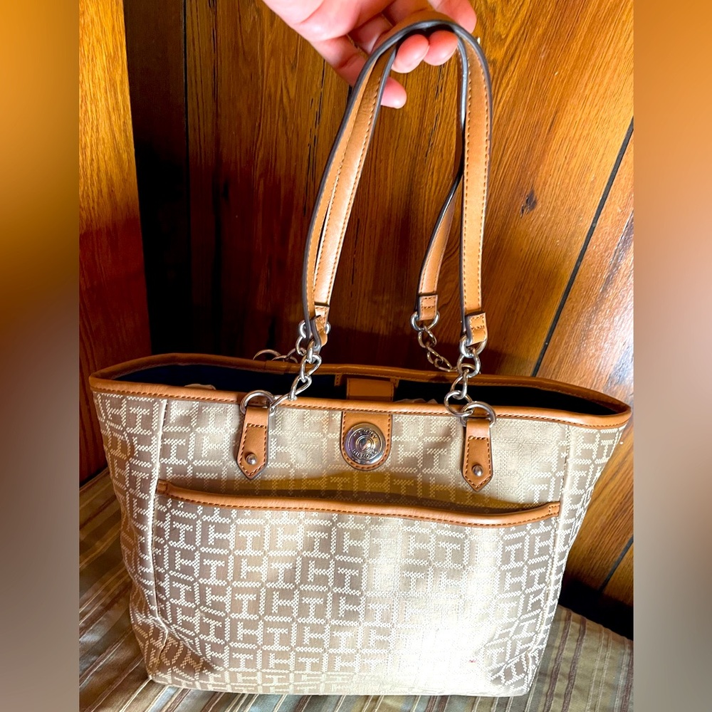 Tommy Hilfiger’s Tan & Cream Jacquard Monogram Shoulder Bag; GUC
